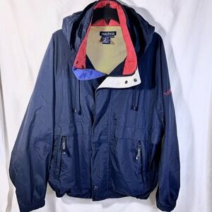 Vintage Nautica Color block Windbreaker XL Hooded Y2K Navy Blue 90s Mesh Lining